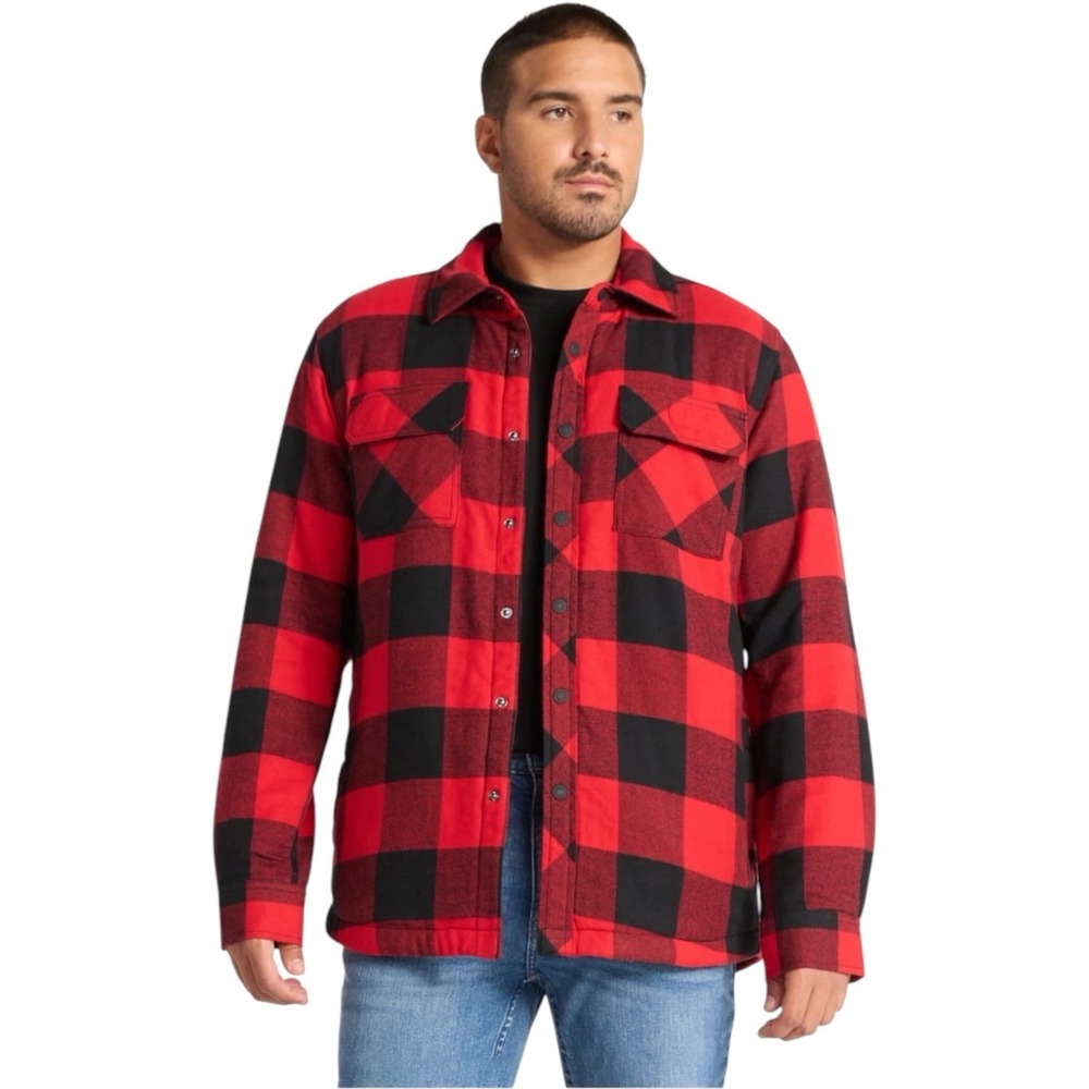 George Men's Buffalo Plaid Shirt Jacket Sherpa Fleece Lined Red Black Size L